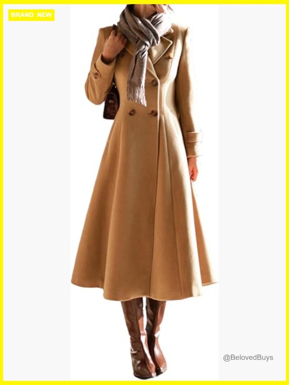 Womens Long Double Breasted Trench Coat Notch Lapel Warm Wool Blend Jacket